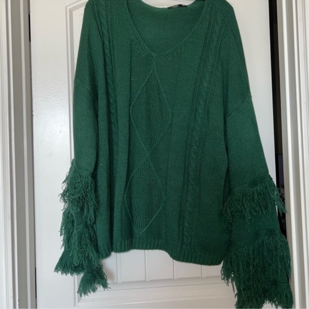 SHEIN Essnce Plus Fringe Trim Drop Shoulder Cable Knit Sweater